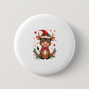 Schattige Hoogland Koe Liefhebber Kerstman Hoed We Ronde Button 5,7 Cm