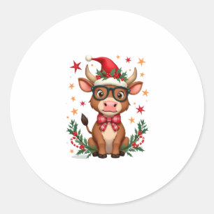 Schattige Hoogland Koe Liefhebber Kerstman Hoed We Ronde Sticker