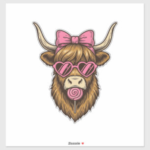 Schattige Hoogland Koe met Roze Hart Bril Vector_1 Sticker