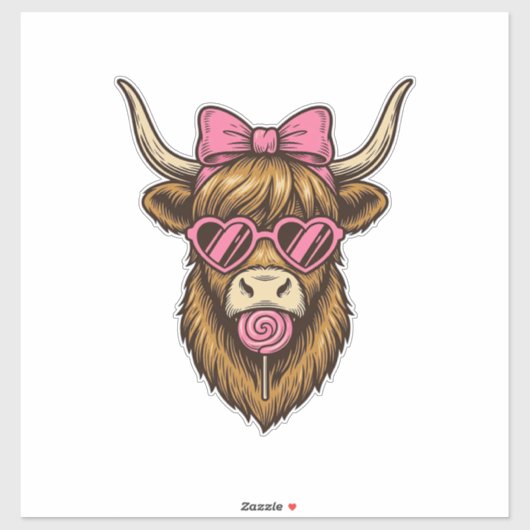 Schattige Hoogland Koe met Roze Hart Bril Vector_1 Sticker (Vel)