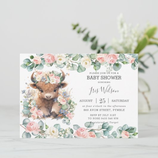 Schattige Hoogland Koe Roze Bloemen Groen Baby sho Kaart (Staand voorkant)