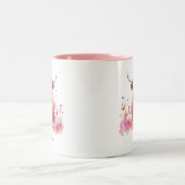 Schattige Hoogland Koe Roze Bloemen Waterverf Tweekleurige Koffiemok (Center)