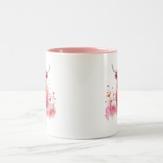 Schattige Hoogland Koe Roze Bloemen Waterverf Tweekleurige Koffiemok (Center)