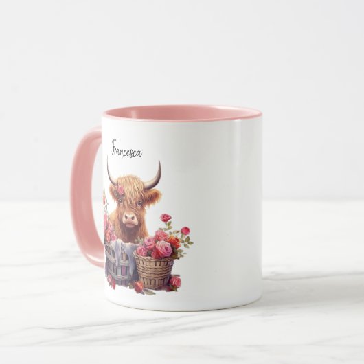 Schattige Hoogland Koe Roze Pastel Bloemen Waterve Mok (Voorkant links)