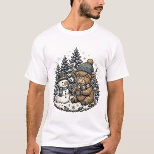 Schattige Hoogland Koe Sneeuwman Winter T-shirt On