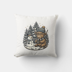 Schattige Hoogland Koe Sneeuwman Winter T-shirt On Kussen
