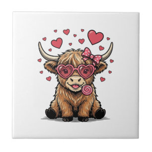 Schattige Hoogland Koe Valentijnshart Bril Vector_ Tegeltje