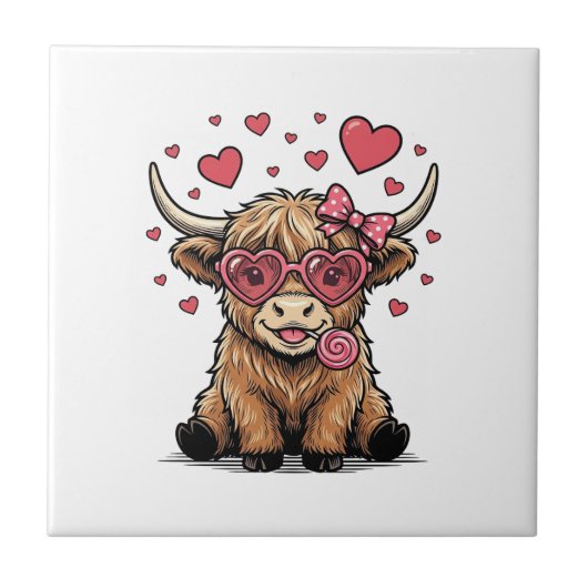 Schattige Hoogland Koe Valentijnshart Bril Vector_ Tegeltje (Voorkant)