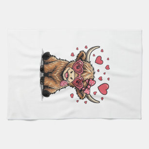 Schattige Hoogland Koe Valentijnshart Bril Vector_ Theedoek