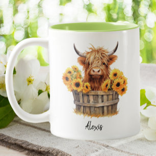 Schattige Hoogland Koe Zonnebloemen Bloemen Aangep Tweekleurige Koffiemok