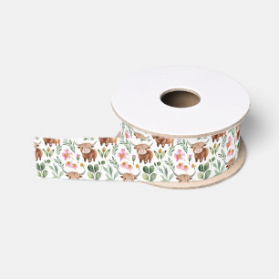 Schattige Hoogland Koeien & Roze Bloemen Patroon B Grosgrain Lint