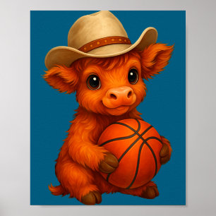 Schattige hooglandkoe basketbal kalf sportliefhebb poster
