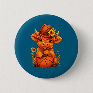 Schattige hooglandkoe basketbal kalf sportliefhebb ronde button 5,7 cm