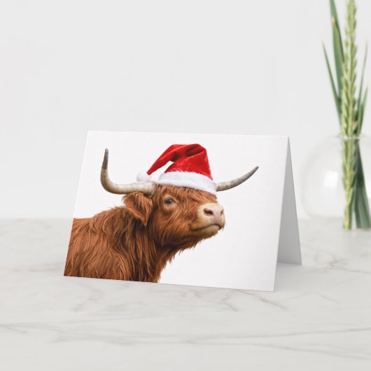 Schattige hooglandkoe met kerstmuts Kerstmis Kaart (Voorkant)