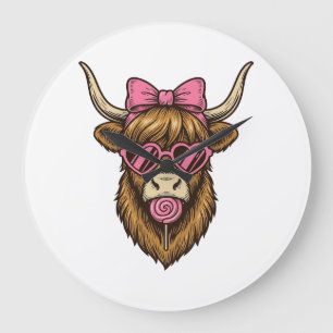 Schattige Hooglandkoe met Roze Hart Bril Vector_1 Grote Klok