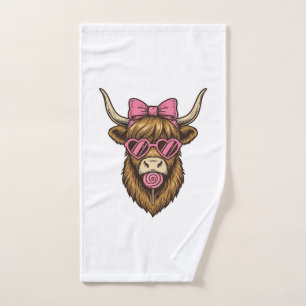 Schattige Hooglandkoe met Roze Hart Bril Vector_1 Handdoek