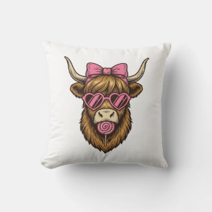 Schattige Hooglandkoe met Roze Hart Bril Vector_1 Kussen