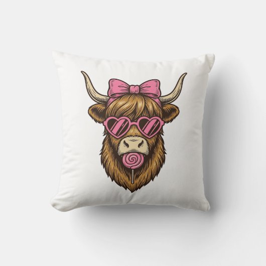 Schattige Hooglandkoe met Roze Hart Bril Vector_1 Kussen (Voorkant)