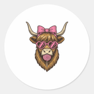 Schattige Hooglandkoe met Roze Hart Bril Vector_1 Ronde Sticker