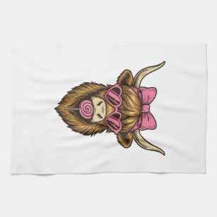 Schattige Hooglandkoe met Roze Hart Bril Vector_1 Theedoek