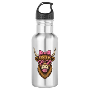 Schattige Hooglandkoe met Roze Hart Bril Vector_1 Waterfles