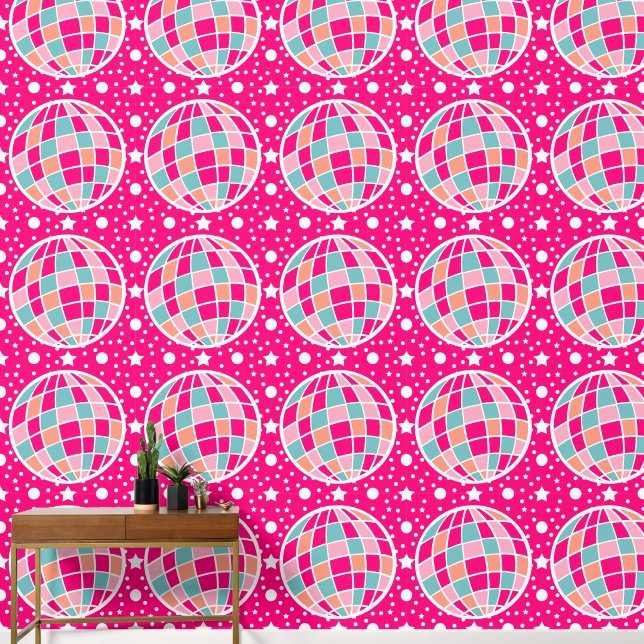 Schattige Hot Pink Disco Ball Pattern Behang (Hal)