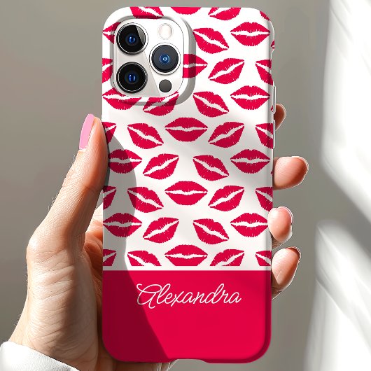 Schattige Hot Pink Lipstick Kisses Script Naam Case-Mate iPhone Case
