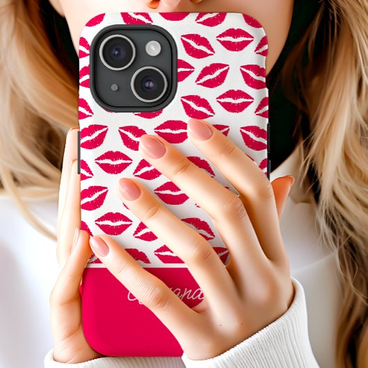 Schattige Hot Pink Lipstick Kisses Script Naam Case-Mate iPhone Case