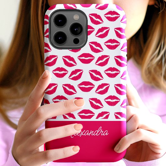 Schattige Hot Pink Lipstick Kisses Script Naam Case-Mate iPhone Case