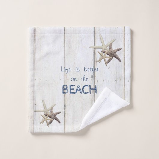 Schattige houtextuur, Starfish, strand Bad Handdoek (Wasdoekje)