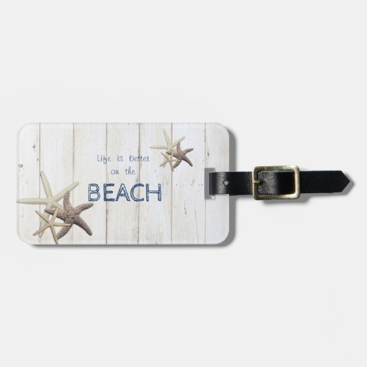 Schattige houtextuur, Starfish, strand Bagagelabel (Voorkant horizontaal)
