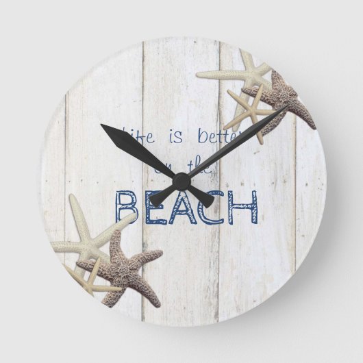Schattige houtextuur, Starfish, strand Ronde Klok (Voorkant)