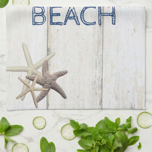 Schattige houtextuur, Starfish, strand Theedoek (Gevouwen)