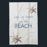 Schattige houtextuur, Starfish, strand Theedoek<br><div class="desc">Dit zomerontwerp biedt een prachtig afbeelding van een strand met zand,  zee,  lucht en een motivatie boodschap.</div>