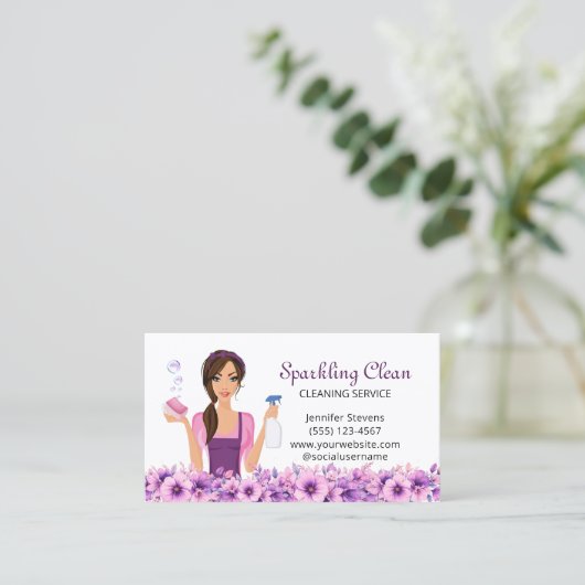 Schattige huis schoonmaakservice Maid Floral Visitekaartje (Staand voorkant)