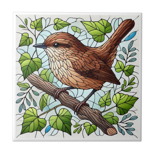 Schattige huis Wren Glas in lood Look Tegeltje (Voorkant)