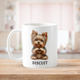 Schattige huisdier Yorkie maakt een hart met poten Koffiemok