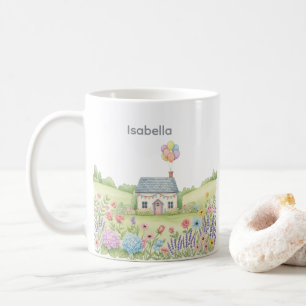 Schattige huisje met ballon in bloemenveld Custom Koffiemok