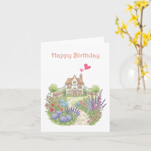 Schattige huisje met bloementuin Verjaardag Kaart (Gele Bloem)