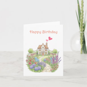 Schattige huisje met bloementuin Verjaardag Kaart