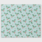 Schattige hulstbessen kerst lichtblauw cadeaupapier (Vlak)
