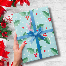 Schattige hulstbessen kerst lichtblauw cadeaupapier
