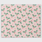 Schattige hulstbessen Kerstmis roze Cadeaupapier (Vlak)