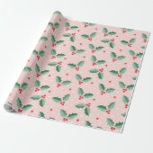Schattige hulstbessen Kerstmis roze Cadeaupapier (Uitgerold)