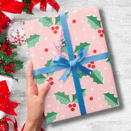 Schattige hulstbessen Kerstmis roze Cadeaupapier