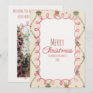 Schattige hulstbessen roze frame vrolijk kerstfees feestdagenkaart