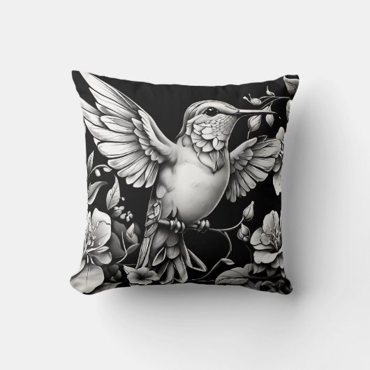 Schattige Hummingbird Zwart & Wit Designer Kussen (Voorkant)
