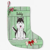Schattige Husky Boy Dog Groen Houten Omheining Mon Kleine Kerstsok (Voorkant)