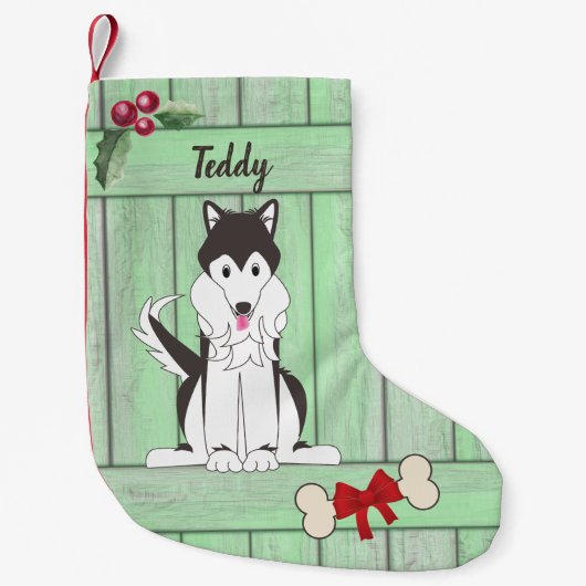 Schattige Husky Boy Dog Groen Houten Omheining Mon Kleine Kerstsok (Voorkant)