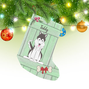 Schattige Husky Boy Dog Groen Houten Omheining Mon Kleine Kerstsok